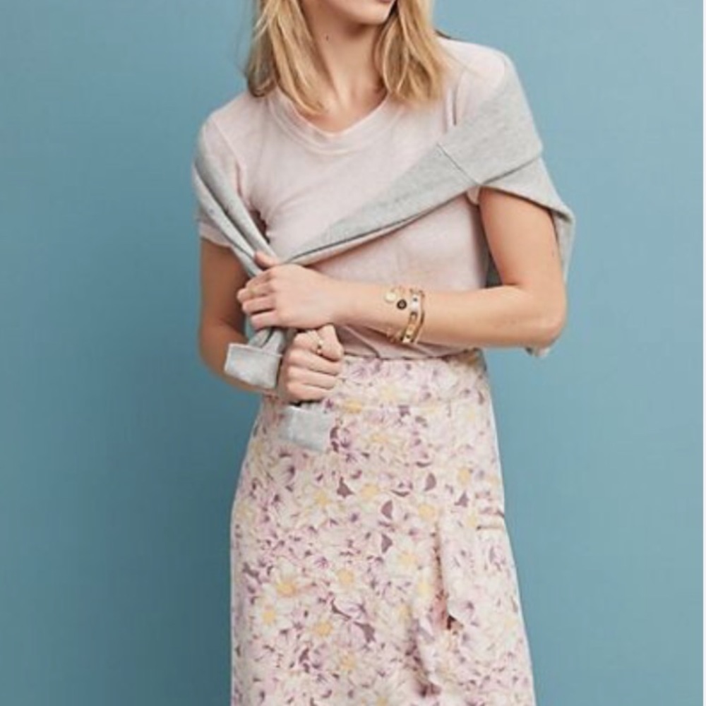 🆕 NWT by Anthropologie Skye Floral Lavender/Cream Ruffle Faux Wrap Skirt Sz 12 - Picture 2 of 16